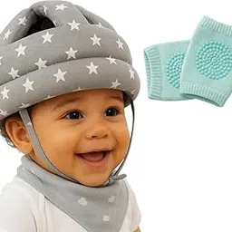 OOZU Baby Safety Helmet with Knee Pads Adjustable Infant Head Protector & Knee Guard for Crawling and Walking Soft Lightweight Breathable Child for Running Walking Crawling Safety (Grey) image 1