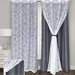 LINENWALAS Exclusive Home Curtain Panel Pair Solid & Sheer Mix Match - Double Layered Eyelet Blackout Door Curtain 4.5ftx8ft - 2 Piece - Grey White-image-12