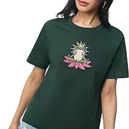 the souled store Relaxed T-Shirt: Women and Girls Short Sleeves Round Neck Dark Green Embroidered Cotton Relaxed Fit Lightweight Everyday Streetwear T-Shirt-picture-11