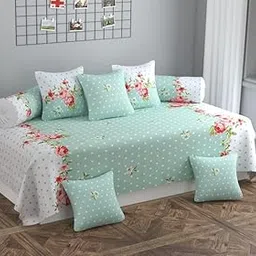 Elista Decor Premium Printed Glace Cotton Diwan Set 8 Pieces,1 Single bedsheet Size 60x90inch, 5 Cushions 16 x 16 inch Covers with Zip and 2 Bolster (Single 60'' x 90'' inch, Elista Decor Design -9)-image-94