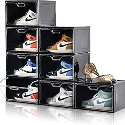 Amllas 8 Pack Black Plastic Stackable Shoe Boxes, Large Storage Organizer With Drop Side Front, Containers for Entryway, Sneaker Storage Fit up to US Size 13 for Men/Women (13''x 10.6"x 8.3")-picture-28