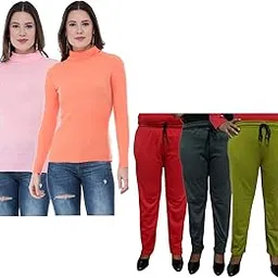 Women Winter Wear Combo Pack- Full Sleeves High Neck/Skivvy and Fleece Warm Lower/Track Pants (Pink, Orange, Red, Drak Gray, Green,38) Pack of 5-image-67