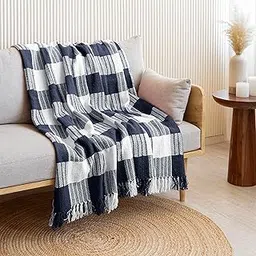 HOMEMONDE Hand Woven Throw Blanket Premium Cotton Reversible Boho Cozy Decorative Plaid Throw With Fringes - (50 X 60 Inch, Blue, 200 Tc)-picture-14