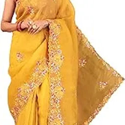 ambararambh Yellow Gold Crush Silk Saree with Thread and Sequin Work, Cutwork Border, 5.5 M Length, 0.8 M Blouse Piece-picture-10