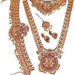 nagneshi art Nagneshi Plated Pearl Choker Necklace Set For Women,Matte Finish Bridal Jewellery Set,Wedding Collection Necklace Earring,For Women-2 Neckless,1 Pair Earring,1 Maang Tikka,1 Kamarband-picture-43