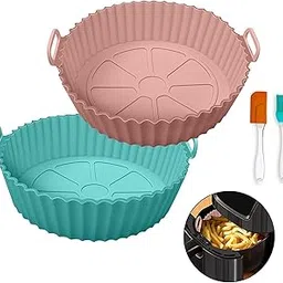 Air Fryer Liners Round Silicone Basket Baking Tray Pot with Ear Handles Nonstick Reusable Heat Resistant Cooking Oven Insert Accessories - Multicolor | 8 inch, Pack of 2-image-5