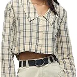 Textured Shirt: Birch Women and Girls Long Sleeves Cuban Collar Plaid Cotton Regular Fit Lightweight Cropped Shirts-image-30