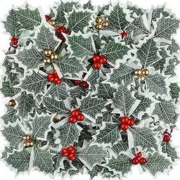 HASTHIP 30Pcs Holly Berries With Green Leaves Christmas Decorations Gold and Red Artificial Hanging Ornaments for Xmas Tree, Garland Wreath, Home Decor, 13cm-image-20
