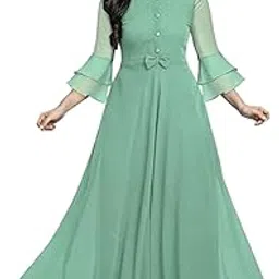 Designer Georgette Solid Dress for Women with Flared Hem and Ruffled Sleeves-image-90
