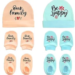 YATHUSHAN Newborn Baby Cap, Mittens & Booties Set | Soft Cotton Infant Essentials | “Our Family” & “Be Happy” Designs | Perfect Unisex Baby Shower Gift | 0–6 Months-image-6