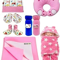 First Kick New Born Baby Gift Set Combo Pack for Baby Boys and Baby Girls Pack of 8 Pink Stars-picture-36