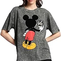 bewakoof X Official Disney Merchandise Women's Mickey Graphic Printed Cotton T-Shirt - Oversized Fit, Round Neck, Half Sleeves_585128_Grey_M-picture-34
