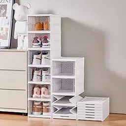 KWER Drop Front Shoe Organizer Storage Box, No Assembly Stackable Bins With Clear Door, Free Standing Shelf Cabinet With Lids, Plastic Rack for Closet Entryway, 3-Tier-picture-32