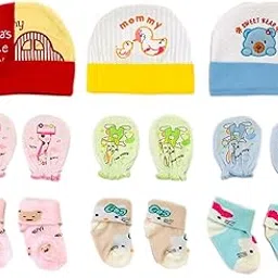 freshfoot Cute and Colourful New Born Baby Socks Set - 0 to 12 months, Combo Set: 3 Pairs Socks, 3 Head-caps, 3 Hand Gloves/Mittens (Size 0-12 Months) Multi-colored-picture-17