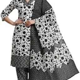 Floral Print Salwar Suit Set with Dupatta, Cotton Blend, Three-Quarter Sleeves, V-Neck, Traditional Indian Ethnic Wear-picture-30