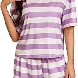 zoroo Women’s Pajama Set | Striped Short Sleeve Top with Drawstring Waist & High-Waist Shorts | Sporty, Soft & Comfortable Nightwear (Size M to 2XL, Multicolor)-picture-25