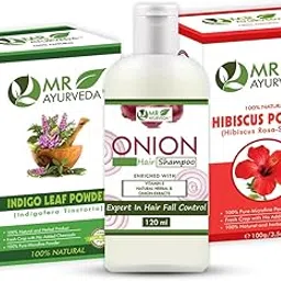 MR Ayurveda Onion Shampoo, Indigo Powder and Hibiscus Flower Powder - Set of 3 (320 Grams)-image-62
