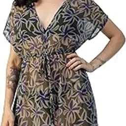 oxolloxo Wome V-Neck Short Sleeve Elasticated Waist with Tie-Up String Above Knee Length Beachwear Kaftan-picture-20