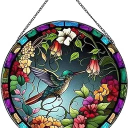 Payutou Hummingbirds and Flowers Pattern Suncatcher Stained Glass,Hanging Stained Glass for Windows,20cm/7.87inch Hand-Painted Sun Catcher Garden Hangings Painted Glass Panel Decor Themed Gift-picture-23