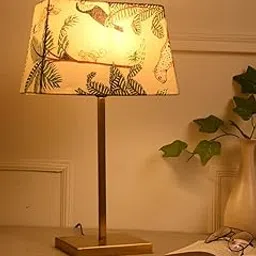 Green Girgit Golden Polished Metal Lamp with Multicolor Green Jungle Shade, Tropical Print Table Lamp with Gold Base, Decorative Fabric Shade, Bedside Reading Light (LED Bulb Included)-picture-17