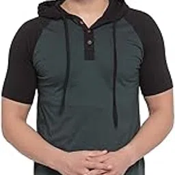 kalt Men's Half Sleeves Dual Colour Cotton Blend Hoodie(Bottle Green::Black) image 1