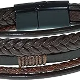 Leather Bracelet for Men - American Style Brown Genuine Leather Multi-Layer Braided Bracelet with 100% Stainless Steel Magnetic Buckle for Men & Boys-image-31