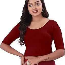 desi girl Round Neck Cotton Lycra Regular Fit Saree Blouse for Women | Bracelet - 3/4 Sleeve Readymade Plain Design Festive Blouse Perfect for Saree, Lehenga, Kurti | 32 to 44 image 1