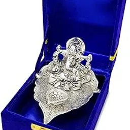 BENGALEN Ganesh Statue Idol German Silver Ganesha on Leaf Diya Oil Lamp with Blue Velvet Gift Box Pooja Items Diwali Decoration Puja Gifts Handmade Oil Lamp Traditional Indian Deepawali Gift Items-image-30