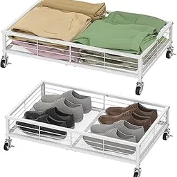 OGFC 61888 Under Bed Storage Rack Set of 2 Metal Rolling Drawers Shoes Organizer with Wheels Bedroom Black Under Bed Bins Blanket for Clothes, Blankets, Shoes, Bedding, Toys, Books - white-picture-32