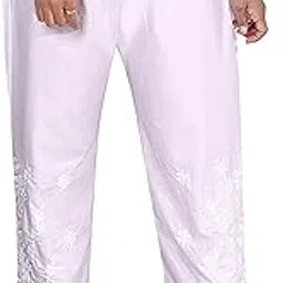 Women's Cotton Palazzo Pants with Floral Embroidery, White, Elastic Waist-picture-53