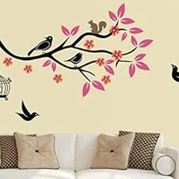 Heaven Decors Birds On Tree Branch with Pink Leaves and Birdcage Wall Sticker for Bedroom (Ideal Size on Wall: 120 cm x 65 cm),Multicolour-picture-24