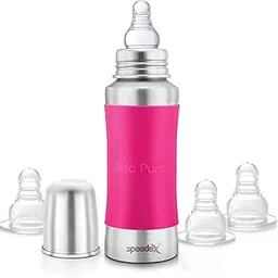 Speedex Stainless Steel Baby Feeding Bottle with Internal 'ML' Marking, Silicon Stopper & Silicon Grip (240 ml, Pink Color) (3 Nipples Free)-picture-15