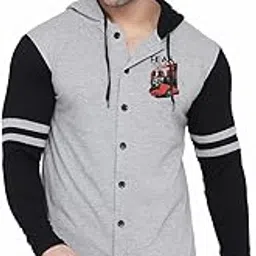 blisstone Men's Full Sleeve Hooded T-Shirt with Button Closure & Contrast Striped Sleeves | Stylish Cotton Blend Hoodie for Casual & Sportswear image 1