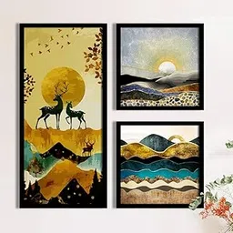 Painting Mantra Landscape & Deer Framed Painting/Posters for Room Decoration, Set of 3 Black Frame Art Prints/Posters for Living Room (1 Units 22 x 47 cm, 2 Units 22 x 22 cm)-picture-14