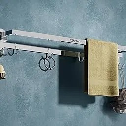 GRIVAN Stylish Stainless Steel 24 Inch Foldable Towel Rod/Shelf/Stand for Bathroom, Towel Holder with Hooks and Hanger (Silver Chrome Finish)-picture-13