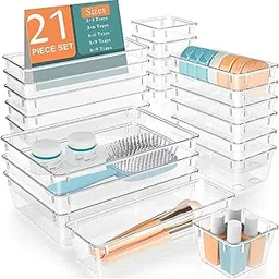 MECHDEL Drawer Organizer Set/Bathroom and Dressing Table Trays/Cosmetic Display/Bathroom Cosmetic Organizers/Unbreakable Drawer Organizer/Drawer Divider Tray (Transparent, 21PCS Set) image 1