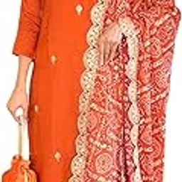 naixa Women's Orange BSY Viscose Embroidered Straight Kurta with BSY Viscose Pant and Silk Blend Embroidered Laced Dupatta Sets (NX-640)-picture-34