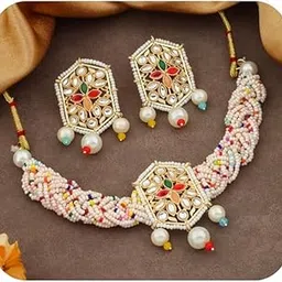 pragi Choker Necklace Set With Earring For Women - Multicolor Stones & Beads Jewellery Set - Traditional & Latest Stylish Jewellery For Women & Girls-picture-26