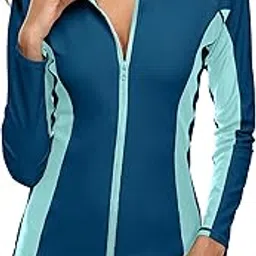 attraco Women's Rashguard Swimsuit Zip Front Sun Protection Swim Shirt UPF 50+, Navy Blue, X-Large-picture-19