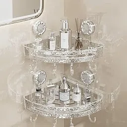 LINEAR Wall Mounted Storage Rack with Hooks | Acrylic Bath Shelf Organiser | Self Adhesive Bathroom Shelf | Crystal Pattern Design, Shelf for Bathroom Accessories (2)-picture-31