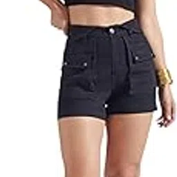 Women's High-Rise Flared Stretch Denim Shorts with Quilted Waist & Statement Pockets-image-85