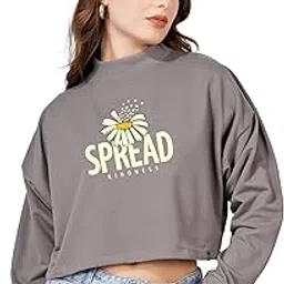 Women Cotton Blend Crop Sweatshirt with Spread Kindness Print | Casual High Neck Pullover for Winter Wear | Trendy Graphic Loose Fit Top for Women & Girls-image-90