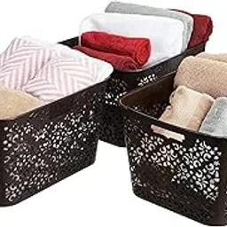 Amazon Brand - Solimo Plastic Royal Multipurpose Storage Basket - Large (Set Of 3,Brown) Rectangular-picture-57