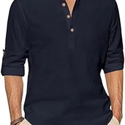 Mens Full Sleeve Zip Kurta (Large, Navy Blue)-image-14
