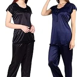 cotovia Women's Satin Night Suit Combo Set (Free Size, Black and Blue)-picture-28