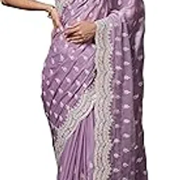 trendmalls Women Satin Silk Embroidery Work Saree with Blouse Piece (K1101-Purple,)-picture-24