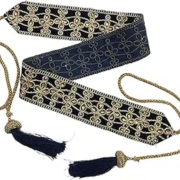 hemdev Women's Navy Blue Color Kamarband (Bridal Belt) with Stone Design Golden Embroidery (Adjustable) width 5.8cm/Waist Hip Belt/Lehnga Belt/Saree Belt-picture-52