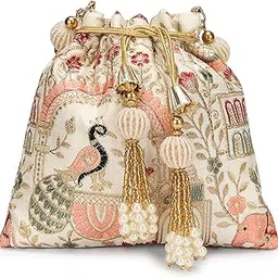 longing to buy Women Luxury Floral Embroidered Potli Bag with Pearl Beading, Gold Tassels-picture-50