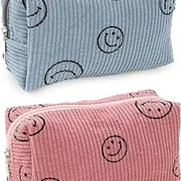 Street27 2pcs Corduroy Cosmetic Bag Cute Travel Makeup Bag Smile Face Makeup Zipper Pouch Travel Toiletry Bag for Women Aesthetic Makeup Brushes Storage Bag Organizer - 25x18cm (B), Multicolor-image-99