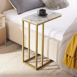 Modern C-Side End Table, White Marble Effect Top with Golden Metal Frame, Sofa Side Accent Table-White-picture-28